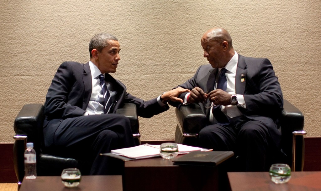 President Barack Obama talks with U.S. Trade Representative Ambassador Ron Kirk before bilateral meetings at the Grand Hyatt Hotel in Seoul, South Korea, Nov. 11, 2010. (Official White House Photo by Pete Souza) Obama is a lawyer by training and a great negotiator.