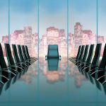 Conference room with city skyline